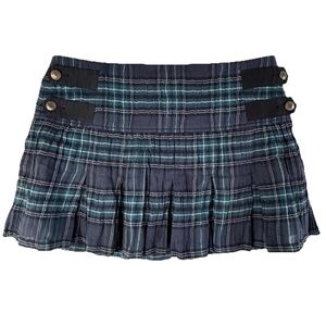 Y2K Bebe Mini Skirt Size 6 Plaid Green/ Black Pleated Cotton NWT